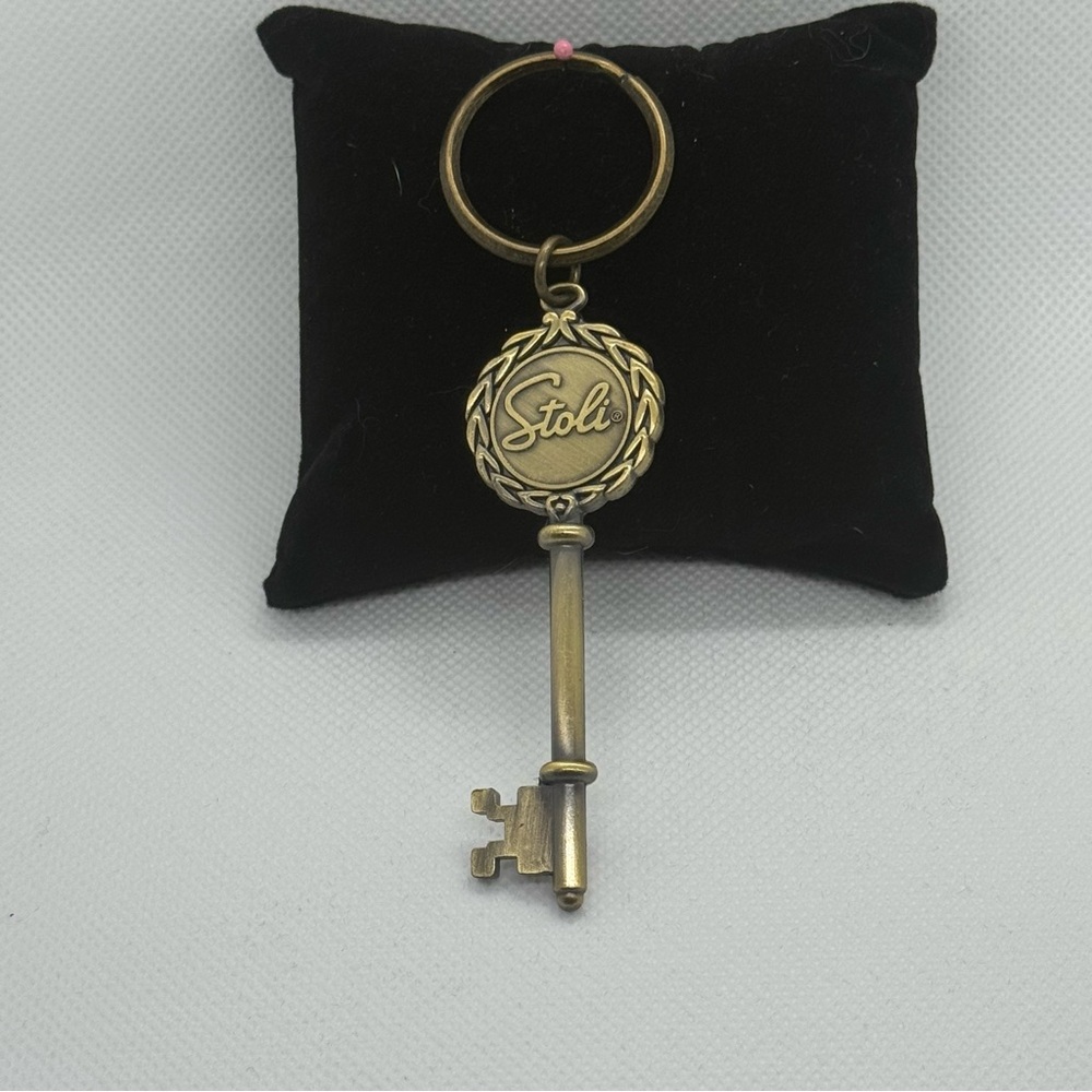 Vintage Stoli Skeleton Key Stolichnaya Keychain Antique Gold Color Metal